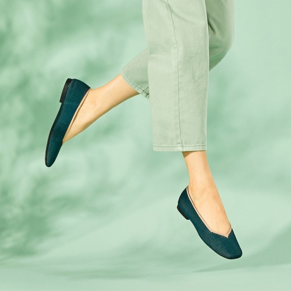 VIVAIA Teal Knit Flats Square Toe Beige Trim Comfortable Sustainable Shoes 7.5